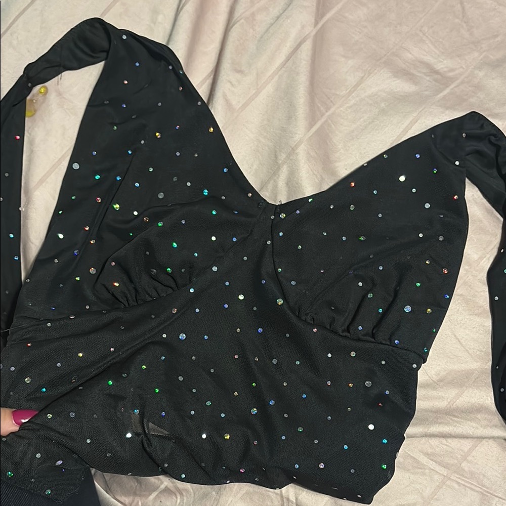 Black Rhinestone Embellished Women's Halter Top (0XL)